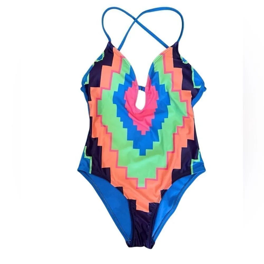 Forever 21 Swim Plunging Geo One-Piece Swimsuit Size Small
